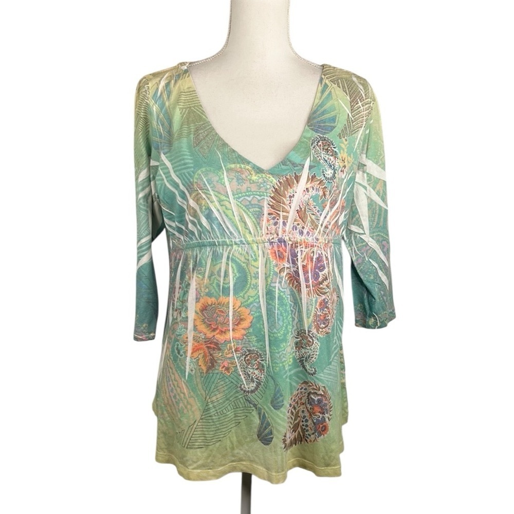 Yukiko 90's Y2K Beaded Floral Paisley Boho Flowy Festival V-Neck Top Size XL